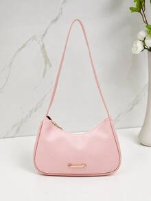 1pc Women's Minimalist Solid Color Litchi Texture Underarm Bag, Metal Letter Logo Shoulder Baguette Bag, Casual Zipper Lightweight Commuter Small Bag - Pink - View 7
