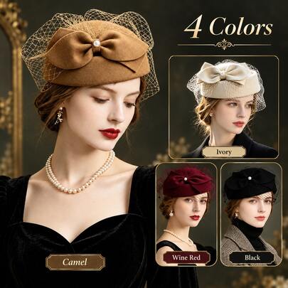 Women's Vintage Fascinator Hat With Bow & Veil, Elegant Pillbox Hat For Wedding, Tea Party, Church, Cocktail Party & Special Occasions
