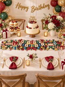 1pc Vintage Birthday Table Runner, Happy Birthday Banner Cake Gift Box Bow Print Long Table Decor, Irregular Edge Party Table Cover For Birthday Party, Dessert Table, Dining Room, Home Decor - Multicolor - View 6