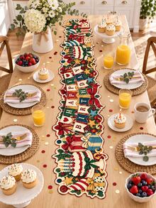 1pc Vintage Birthday Table Runner, Happy Birthday Banner Cake Gift Box Bow Print Long Table Decor, Irregular Edge Party Table Cover For Birthday Party, Dessert Table, Dining Room, Home Decor - Multicolor - View 5