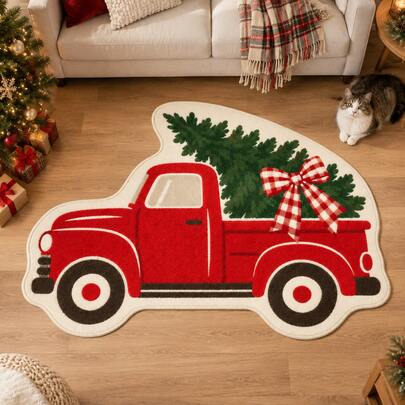 1pc Vintage Red Truck Shaped Velvet Rug With Christmas Tree Pattern, Plaid Bow Knot, Classic Red And Green Color Tone, Rugs, Carpet, Rugs Living Room Large, Rugs Living Room, Rugs For Bedroom, Bedroom Rug, Rug For Bedroom, Carpet Living Room, Carpet For Bedroom, Kitchen Mat, Bathroom Mat, Room Decor, Kitchen Rug, Hallway Runner, Washable Rug,