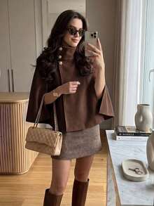 Women's High Neck Gold Button Cape Coat, Elegant Solid Color Short Cape Jacket, Casual Fashion Daily Outerwear - Coffee Brown - View 1
