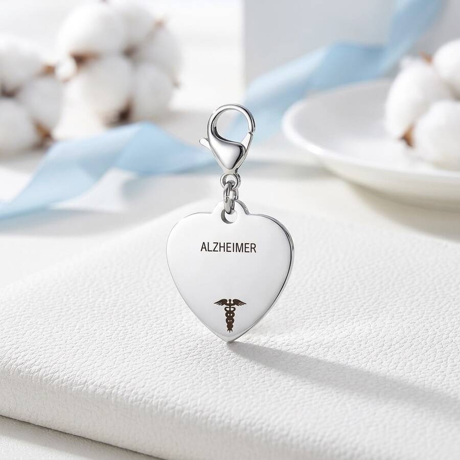 1pc Diabetes Medical Alert Heart Pendant Stainless Steel Lobster Claw Keychain, For Emergency Identification - Multicolor - View 1