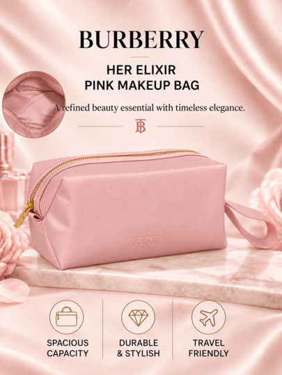 Burberry Flower & Her Perfume Pink Makeup Bag, 22*11*11cm, Soft And Lightweight Fabric, Large Capacity, For Daily Travel, Organizing Items