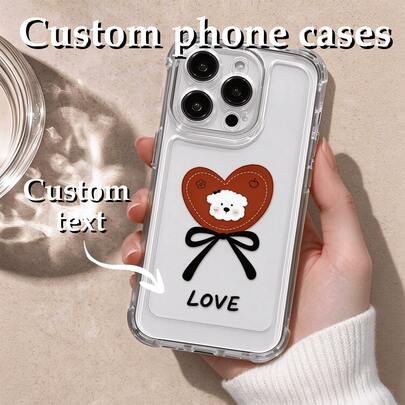 可客製化文字手機殼 透明氣囊防摔手機殼 愛心白色小狗蝴蝶結 LOVE 卡通保護殼 甜美卡通白色小狗手機殼 愛心 LOVE 圖案透明氣囊殼 四角防摔 高透明創意個性化手機保護殼 適用於 iPhone 17 及其他手機機型 時尚多彩可愛極簡日系風