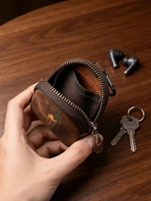 Vintage Camel Palm Tree Mini Leather Coin Purse With Carabiner, Earphone & Key Storage Bag, Portable PU Leather Earphone Organizer, Outdoor Travel Mini Bag - Multicolor - View 8