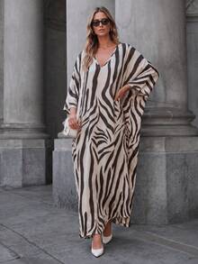 Fashionable Women's White Asymmetric Neckline Pullover Design Flowy Maxi Dress, Suitable For Elegant Occasions - Apricot - View 1