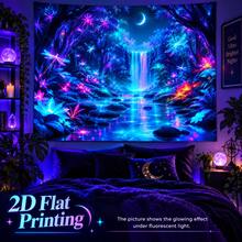 2D Flat Pattern, Single Piece, Forest Waterfall Tapestry, Dreamy Forest Waterfall, Dragonfly, Crescent Moon, Stream, Glowing Flower Pattern, Glows Under Fluorescent Light, Wall Decor, Hanging Fabric, Bedroom Backdrop, Party Decoration - Multicolor - View 14
