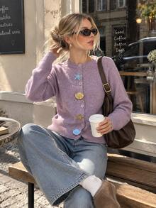 Women's Lilac Knitted Cardigan With Seashell & Starfish Buttons, Round Neck Long Raglan Sleeve Regular Fit Top For Fall & Winter - Lilac Purple - View 3