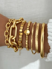 7pcs/Set Personalized Exaggerated Punk Street Style Geometric Pattern Women's Bracelet Set, Suitable For Vacation, Party, Date, Travel, Shopping, Daily Wear - Multicolor - View 7