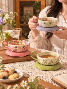 Elegant Floral Pattern Coffee Cup & Saucer Set, Latte Art Cup, Porcelain Tea Set Suitable For Afternoon Tea, Daily Use, Holiday & Birthday Gift - Multicolor - View 3