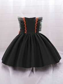 Baby Girls Flutter Sleeve Embroidered Contrast Color Bow Satin Cute Party Dress Suitable For Holiday Party Birthday - Black - View 3