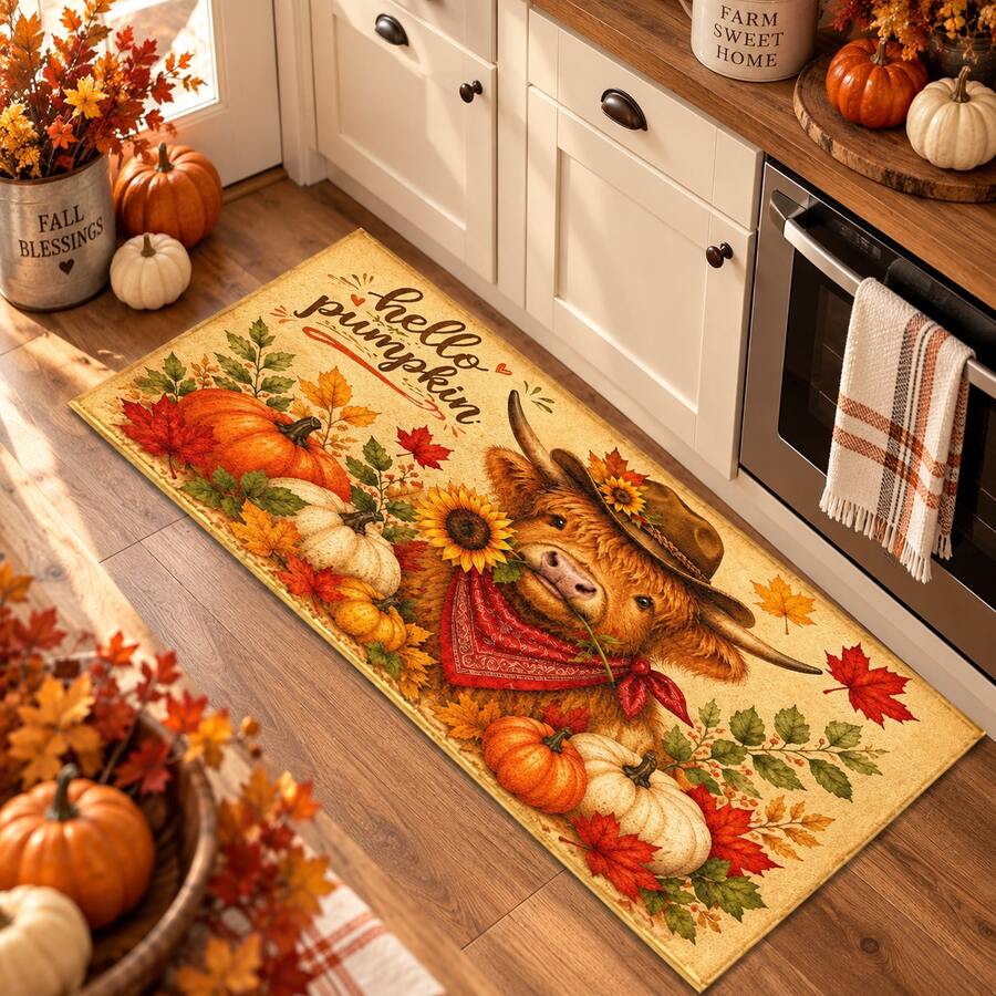 2D Highland Cow, Sunflower, Pumpkin Welcome Pattern Printed Long Runner Mat Series, Indoor Entryway Mat, Bedroom Bedside Mat, Kitchen Mat, Kitchen Long Runner, Suitable For Living Room, Laundry Room, Bathroom - Multicolor - View 1
