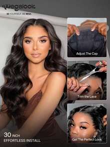 MEGALOOK 36 Inch Long Length 13x4 Lace Front Wig 100% Human Hair Natural Color Body Wave Transparent Lace Pre Plucked Bleached Knots Breathable Cap All Day Comfort Black Beginner - Natural Black - View 10