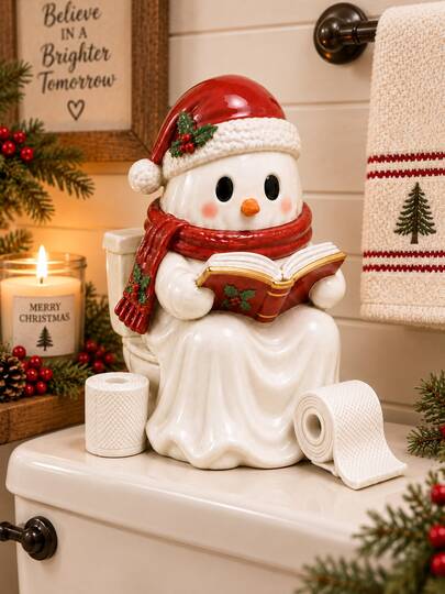 1pc Christmas Snowman Resin Figurine, Cute Snowman Reading Book Ornament, Fun Christmas Bathroom Decor, Holiday Home Decoration, Christmas Desktop Decor, Suitable For Bookshelf, Desk, Living Room, Bathroom, Winter Party Decoration, Christmas Gift For Family And Friends
