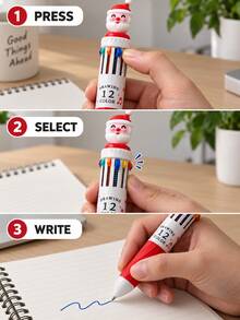 4pcs Christmas Theme 12-Color Ballpoint Pens With Santa Claus, Reindeer And Other Designs, Suitable For Students' Daily Writing, Party Gifts, Note-Taking, And As Christmas Gifts For Children From Parents - Multicolor - View 3