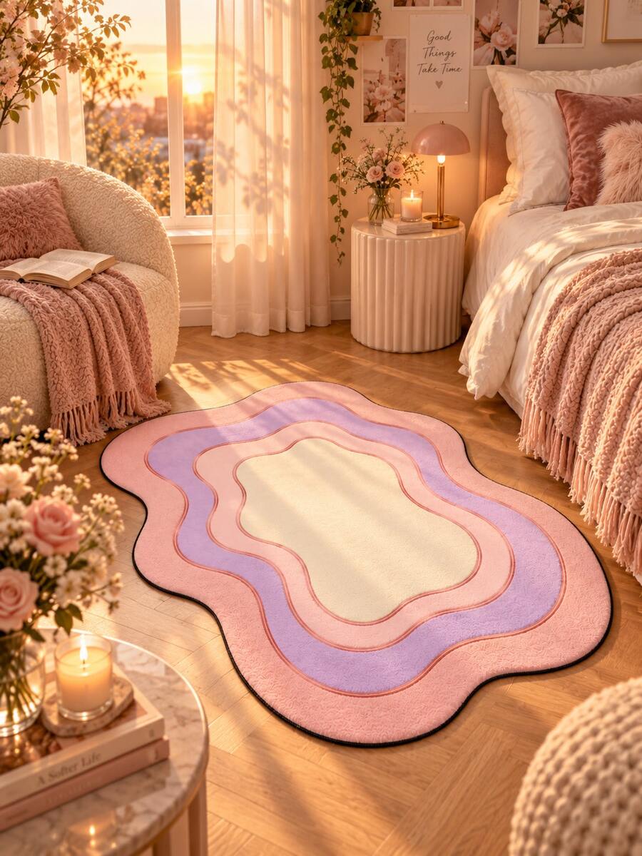 1pc Color Block Wavy Rug, Danish Style Macaron Blush Purple Cream Layered Wave Carpet, Asymmetric Fan-Shaped Desk Mat, Apartment Studio Student Decor Rug, Wavy Line Floor Mat, Modern Abstract Room Decoration - Multicolor - View 1