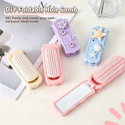 DIY Folding Hollow Comb, Girls Scalp Massage Comb, Detangling Hair Care Anti-Static Air Cushion Brush, Cute Portable Hanging Comb