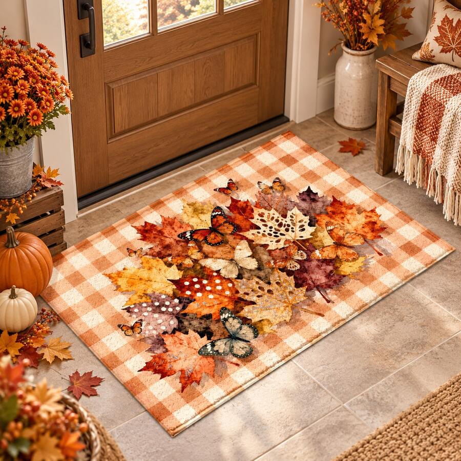 2D Colorful Multiple Maple Leaf Pattern Printed Long Runner Rug Series, Indoor Entrance Mat, Bedroom Bedside Mat, Kitchen Runner Mat, Suitable For Living Room, Laundry Room, Bathroom - Multicolor - View 1