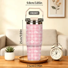 1/5pcs 30oz Portable Insulated Tumbler, Pink Plaid Bottom With White Daisy Flat Print, With Portable Handle Flip Lid, Stainless Steel Vacuum Insulation, Keeps Cold And Hot. Fresh And Soft Pastoral Style, Large Capacity Suitable For Outdoor Carry, Simple And Elegant, Perfect For Daily Use Or As A Thoughtful Gift For Your Best Friend. - Checkered Daisy - View 2