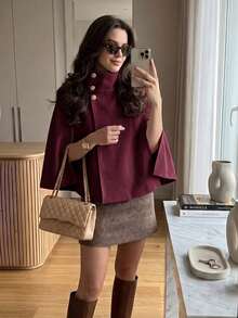 Women's High Neck Gold Button Cape Coat, Elegant Solid Color Short Cape Jacket, Casual Fashion Daily Outerwear - Burgundy - View 1