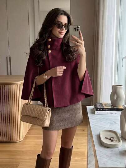 Women's High Neck Gold Button Cape Coat, Elegant Solid Color Short Cape Jacket, Casual Fashion Daily Outerwear