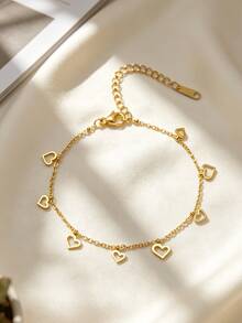 Women's Fashion Gold Stainless Steel Bracelet, Diamond/Sun/Star/Leaf/Heart-Shaped Multiple Mini Pendant Chain, Delicate Stackable Wrist Accessory, Suitable For Daily Wear, Party Occasions And Gift Giving - Gold - View 4