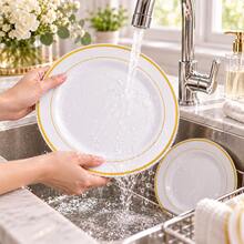 50/25/20/10pcs Premium White Double Gold Rim Dessert Plate Set, 10.25 Inch And 7.5 Inch Elegant Dinner Plates With Gold Border, Suitable For Weddings, Birthdays, Picnics, Barbecues, Parties, Halloween, Christmas And Other Occasions - White - View 10