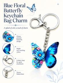 Blue Butterfly Floral Stainless Steel Keychain, Bag Charm Accessory Gift - Multicolor - View 7