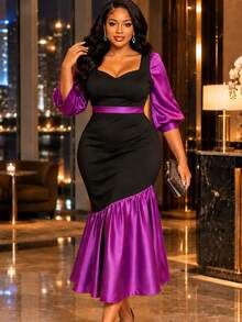 AOMEI Women's Elegant Charming Color Block Square Neck Flare Sleeve Slim Fit Ruched Bodycon Dress For Birthday Party And Formal Dinner - Purple - View 1