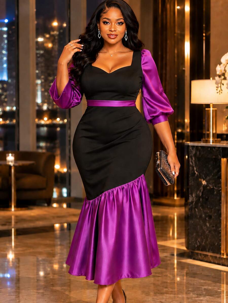 AOMEI Women's Elegant Charming Color Block Square Neck Flare Sleeve Slim Fit Ruched Bodycon Dress For Birthday Party And Formal Dinner - Purple - View 1