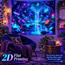 2D Flat Pattern, Single Piece, Forest Waterfall Tapestry, Dreamy Forest Waterfall, Dragonfly, Crescent Moon, Stream, Glowing Flower Pattern, Glows Under Fluorescent Light, Wall Decor, Hanging Fabric, Bedroom Backdrop, Party Decoration - Multicolor - View 9