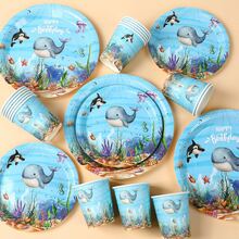 Ocean Animal Theme Party Paper Tableware Set, Ocean Pattern, Happy Birthday, Paper Plates, Paper Cups, Napkins Set, Whale Pattern, Underwater Baptism Whale Style, Suitable For Underwater Theme Party, Birthday, Holiday, Family Event, Party Decoration Supplies Set, Christmas, Restaurant Decoration - Multiple Styles - View 4