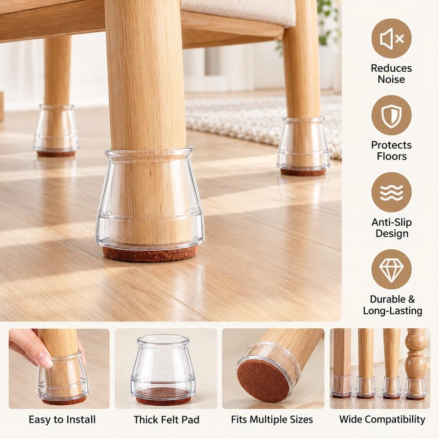 Silicone Chair Leg Caps With Felt Lining, Non-Slip, Noise-Reducing, 8pcs/16pcs/24pcs Optional Sizes, Transparent Silicone Material, Floor Protector. Suitable For Kitchen, Bedroom, Living Room - Transparent and Light Brown - View 1