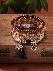 4 Pcs/Set Bohemian Style Leaf Elephant Pendant Wooden Bead Tassel Bracelet Set - Black - View 1