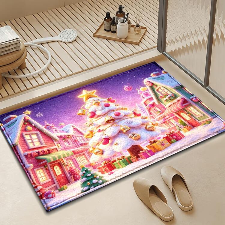 1pc Soft Faux Cashmere Material Floor Mat, Christmas Theme Rug, Kitchen Anti-Slip Mat, Bathroom Anti-Slip Mat, Entryway Door Mat, Bedroom Door Mat, Christmas Holiday Atmosphere Decorative Rug, Suitable For Multiple Scenes Anti-Slip Floor Mat, Room Decoration, Holiday Gift - Multicolor - View 6
