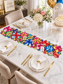 1pc Colorful Gift Birthday Table Runner, Present Box Bow Ribbon Star Print Long Table Decor, Irregular Edge Party Table Cover For Birthday Celebration, Dining Table, Party Supplies, Home Decor - Multicolor - View 4