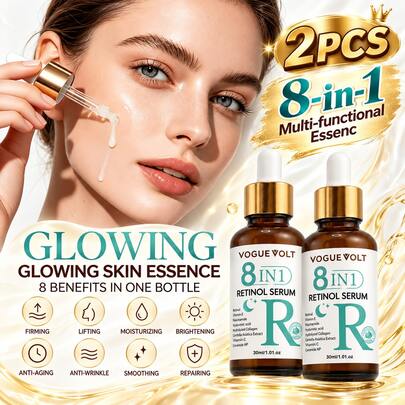 Perawatan Kulit Korea Generasi Baru [Serum Retinol Konsentrat] Super Mencerahkan 8-in-1, Mengandung Retinol, Niacinamide, Asam Hyaluronic, Vitamin C dan Kolagen - Diformulasikan untuk Kulit Sensitif, Cocok untuk Semua Jenis Kulit, Anti-Kerut, Mengencangkan, Mencerahkan, Meratakan Warna Kulit, Melembapkan, Menghidrasi, Menghaluskan dan Memperbaiki