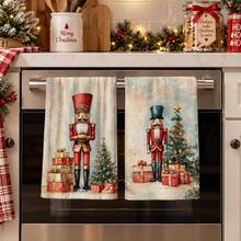 2pcs Nutcracker Print Kitchen Towels, Christmas Tree Gift Box Snowflake Holiday Pattern Hand Towels, Vintage Country Winter Style Dish Cloth Tea Towel, Suitable For Kitchen Cooking, Baking, Cleaning Wiping And Christmas Home Decor, Christmas Winter Holiday Gift - Multicolor - View 3