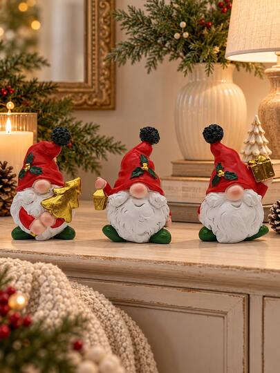 1pc Cute Christmas Gnome Figurines, Red Hat Gnome Holiday Decorations With Gold Tree Lantern Gift Box, Xmas Tabletop Decor For Home, Mantel, Shelf, Desk, Fireplace, Christmas Gift