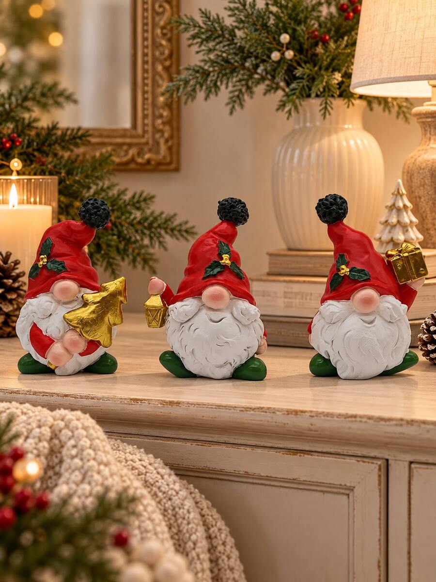 1pc Cute Christmas Gnome Figurines, Red Hat Gnome Holiday Decorations With Gold Tree Lantern Gift Box, Xmas Tabletop Decor For Home, Mantel, Shelf, Desk, Fireplace, Christmas Gift - A - View 1