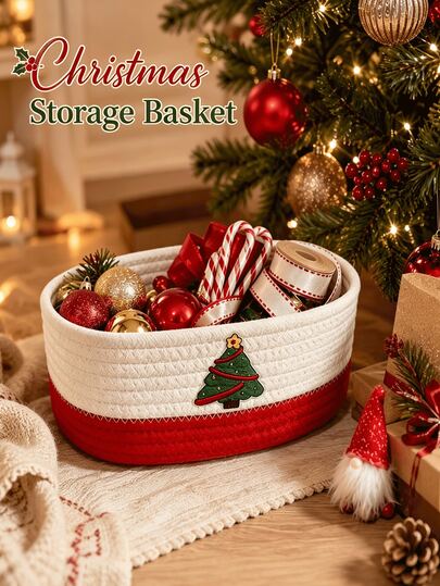 Feiertagsstil Baumwollseil gewebter Aufbewahrungskorb, ovale Form, dekoriert mit süßem Weihnachtsbaum Applikation, große Kapazität Mehrzweck Aufbewahrungsbox, geeignet für Weihnachtsfeiertag Schreibtisch, Badezimmer Arbeitsplatte, Schreibtisch, Süßigkeiten, Schlüssel und kleine Gegenstände Aufbewahrung