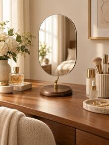 Nordic Minimalist Desktop Makeup Mirror, Frameless Oval Vanity Mirror With Walnut Wood Base, Adjustable Tabletop Cosmetic Mirror For Bedroom, Dressing Table, Bathroom & Home Decor - Multicolor - View 3