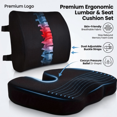 Memory Foam Seat Cushion & Backrest Set, Ergonomic Design, Hip Protection, Relieves Lower Back Pressure, Zipper Closure, Buckle Fastening, Suitable For Living Room Chairs, Office Chairs, Car Seats, Halloween Style, Christmas Gift, Black