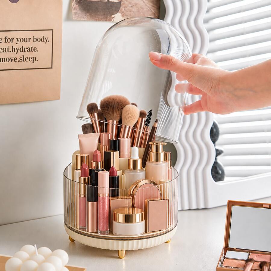 Organizer Makeup Warna Krem dengan Sisi Bergaris Transparan dan Banyak Kompartemen, Tempat Kuas Makeup dan Lipstik untuk Meja Rias - MultiWarna - View 1