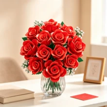 16pcs Red Rose Bouquet Building Blocks Set, DIY Assembly Realistic Flower Bricks Desktop Home Decor Gift - Multicolor - View 4