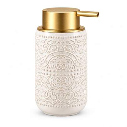 1pc White Ceramic Soap Dispenser With 3D Embossed Design, Refillable Pump Bottle, Gold Pump Head, Suitable For Bathroom And Kitchen