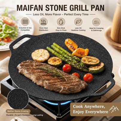 1 pieza Sartén portátil para barbacoa con recubrimiento de piedra Maifan antiadherente, compatible con estufa de casete, para camping al aire libre, picnic, senderismo y barbacoa en el patio trasero