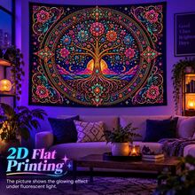 2D Flat Pattern, 1pc, Tree Of Life Tapestry, Vintage Mandala Design, Tree Of Life, Sun, Moon, Flowers, Starry Sky Pattern, Glows Under Fluorescent Light, Suitable For Wall Decor, Hanging, Bedroom Backdrop Or Party Decoration - Multicolor - View 6