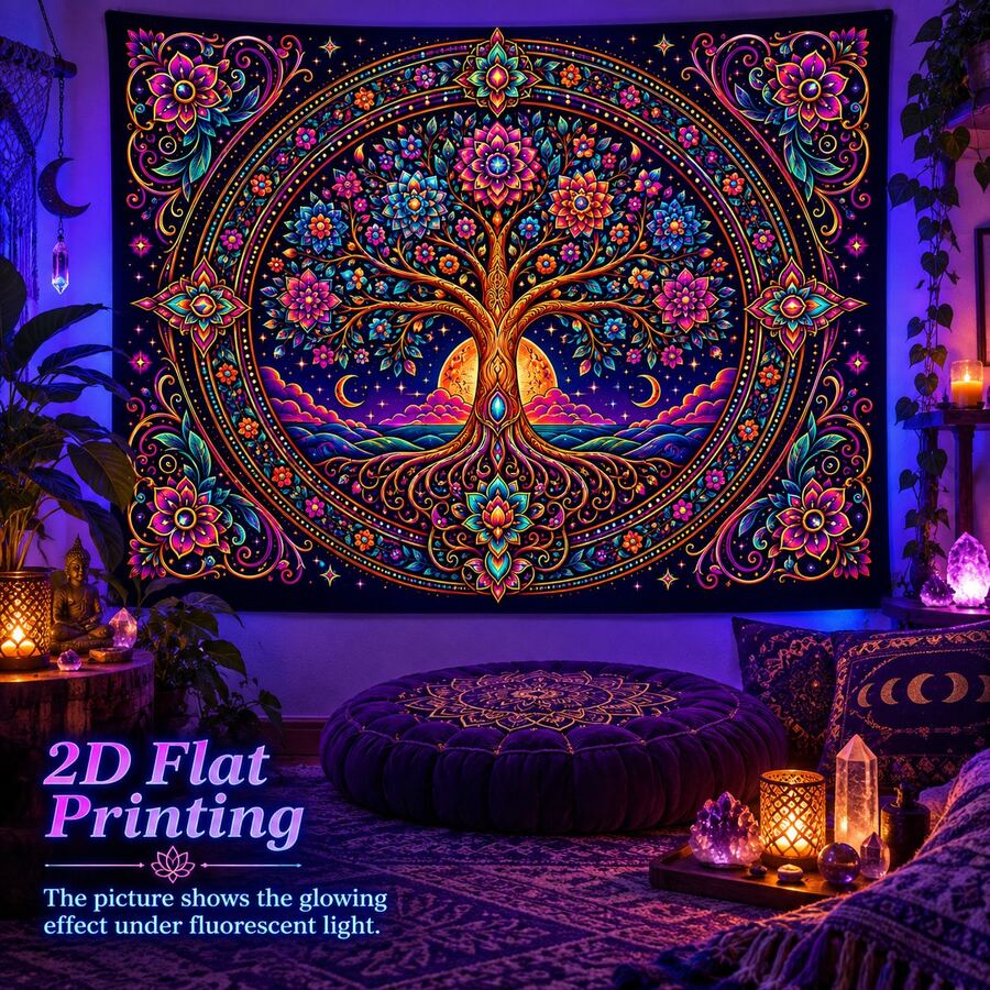 2D Flat Pattern, 1pc, Tree Of Life Tapestry, Vintage Mandala Design, Tree Of Life, Sun, Moon, Flowers, Starry Sky Pattern, Glows Under Fluorescent Light, Suitable For Wall Decor, Hanging, Bedroom Backdrop Or Party Decoration - Multicolor - View 1